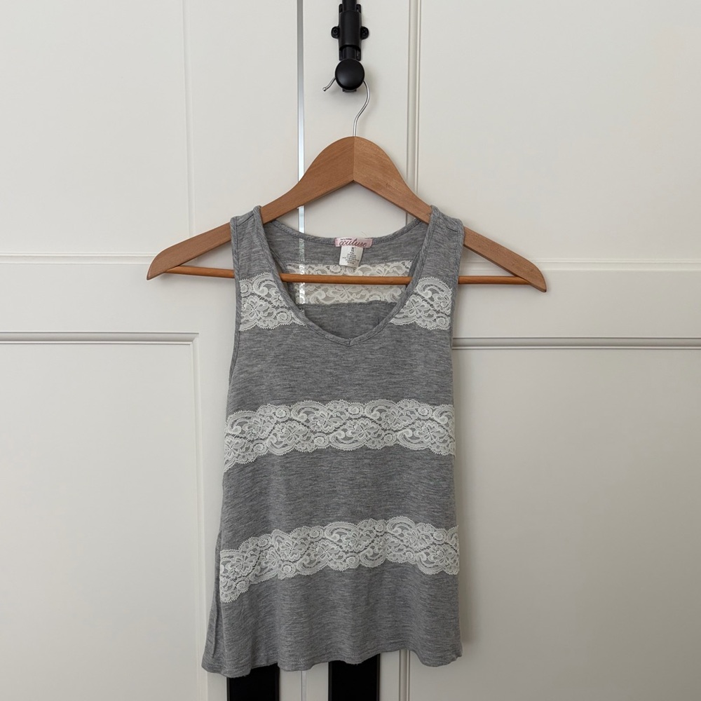 Sally Miller Gray Lace Panel Tank Top Flowy Sleeveless